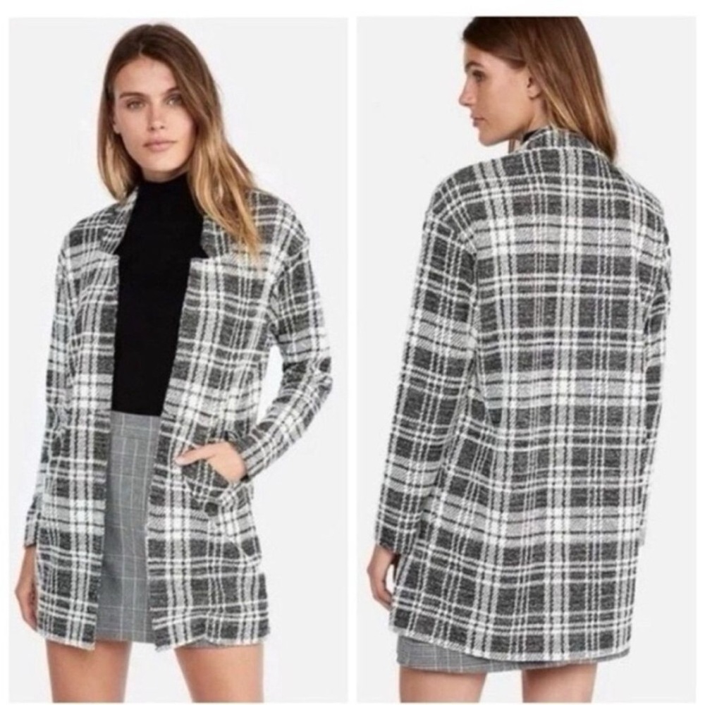 Express Black & White Plaid Open-Front Trench Coat